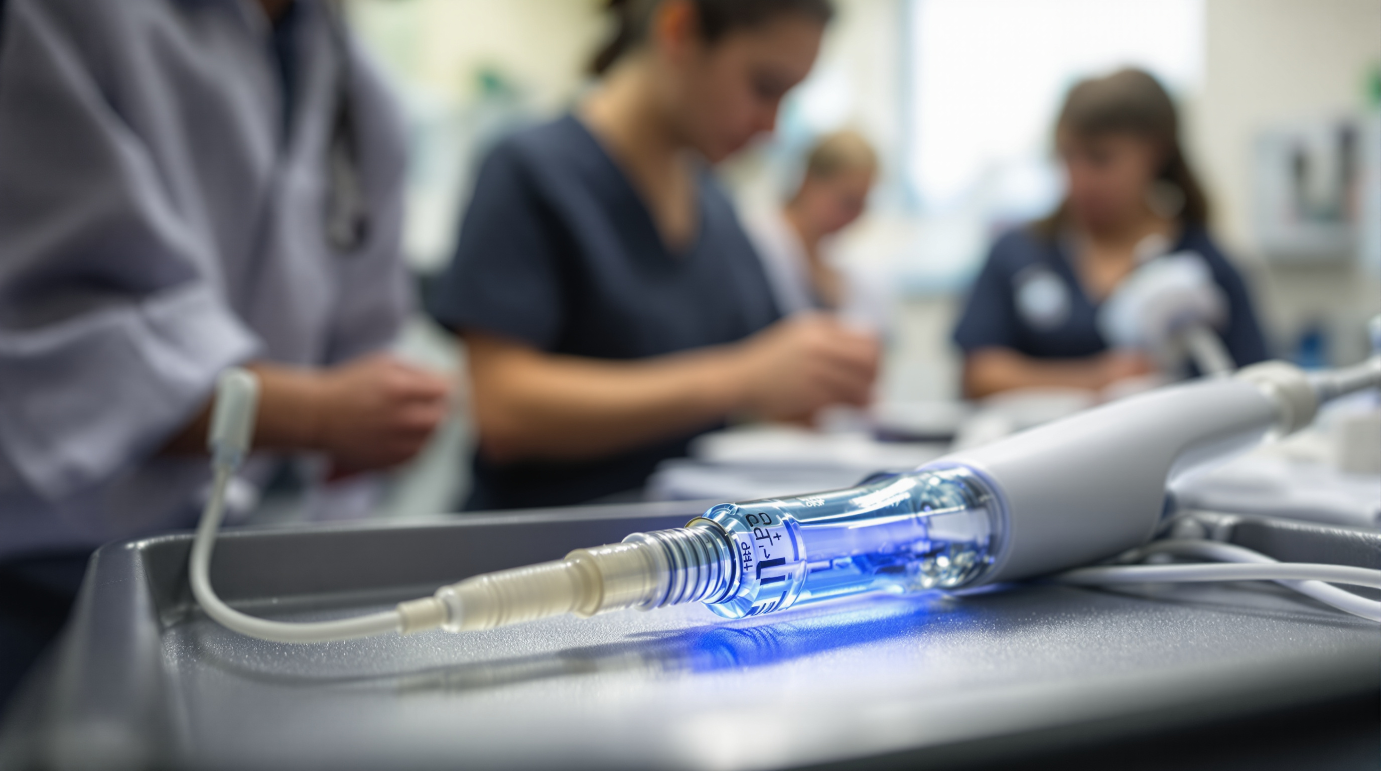Clinician's gloved hands supporting a patient's bare heel on an exam table while an ultrasound probe rests against the arch of the foot, with a syringe of golden platelet-rich plasma on the tray nearby