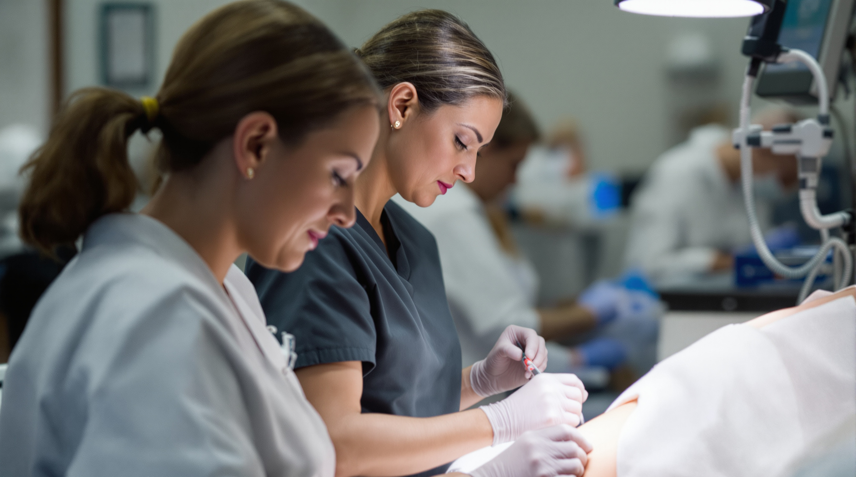 A sports medicine physician performing an ultrasound-guided injection into a patient's elbow in a clinic examination room
