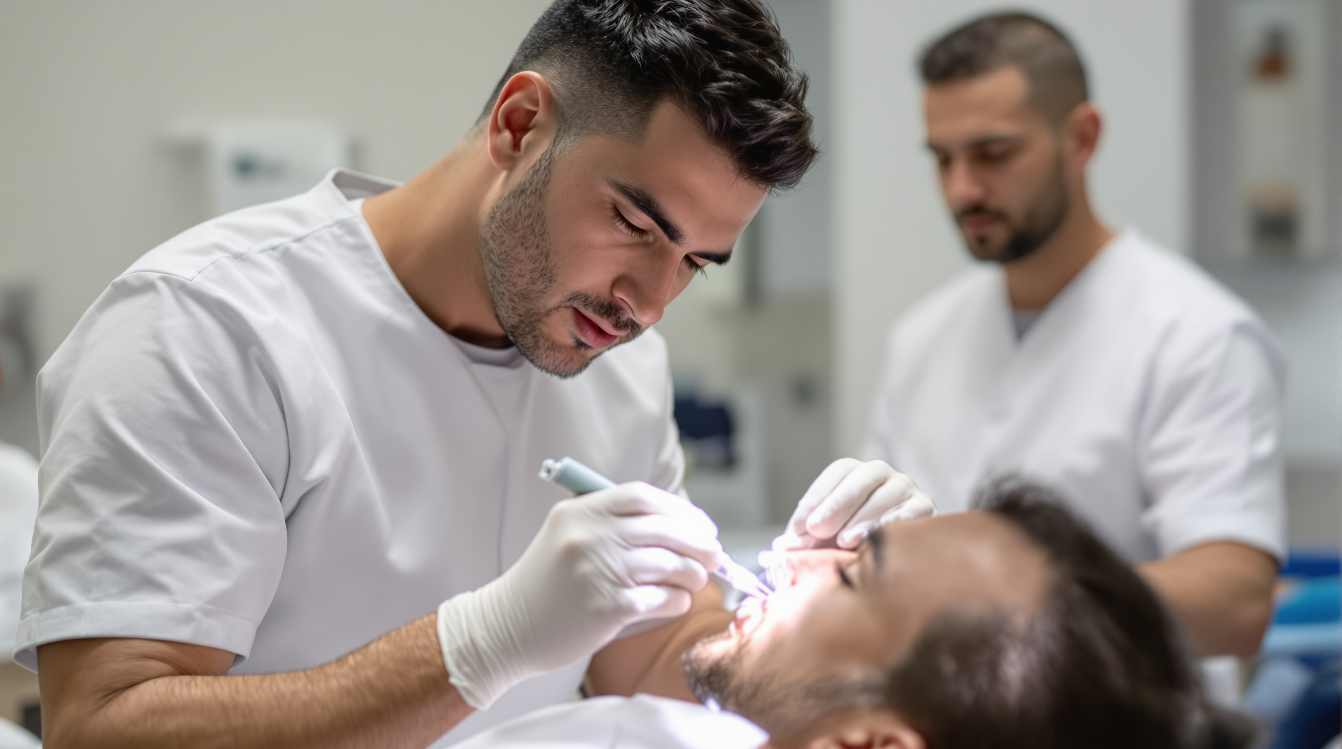Close-up of a clinician parting a patient's hair to examine the scalp under bright clinic light, with a vial of golden platelet-rich plasma on the tray beside them